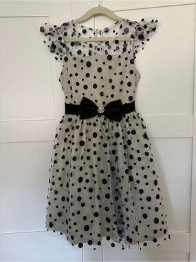 Rare Editions Black and White Polka Dot Tulle Dress with Velvet Bow